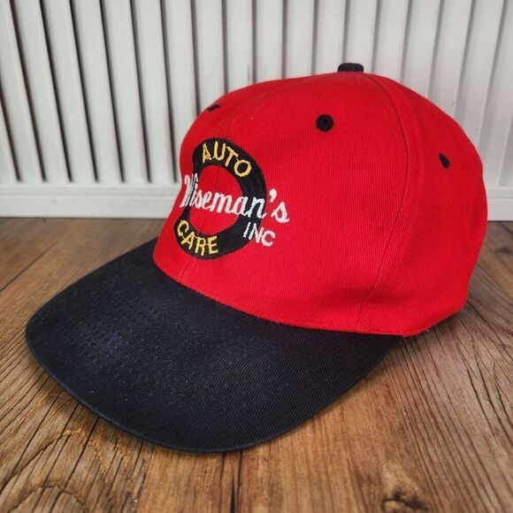 VTG Wisman's Auto Care Snapback Hat Cap Red Black Embroidered Mechanic KC Crown - Picture 1 of 10
